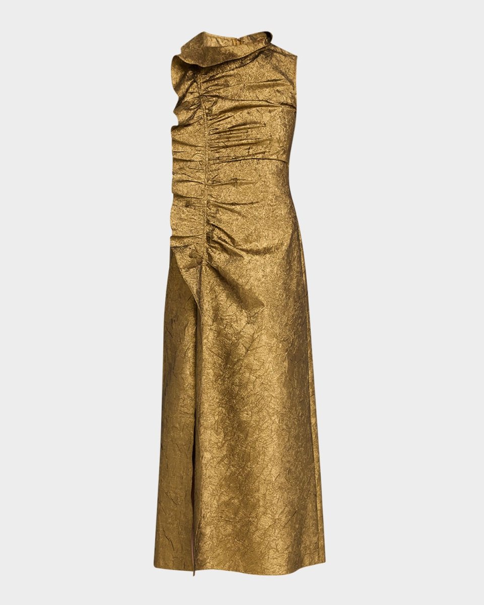 Demetria Metallic Sleeveless Ruched Midi Dress